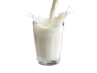 White liquid splashing into clear glass milk pouring, Isolated, Transparent Png