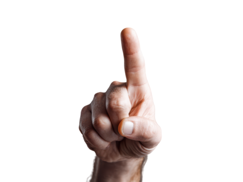 Human hand index finger pointing upwards against black background gesture, Isolated, Transparent Png