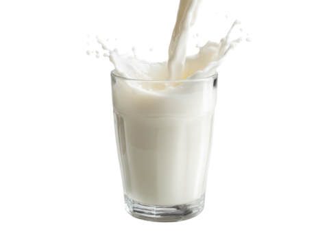 White liquid splashing into clear glass milk pouring, Isolated, Transparent Png