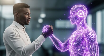 Businessman shaking hands with a holographic robot composed of light particles, symbolizing the evolving collaboration between humans and artificial intelligence in a modern office setting