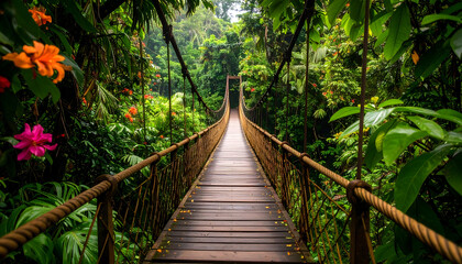 Wooden Suspension Bridge in Lush Tropical Jungle
