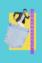 Banner vertical photo collage of happy girl guy peek denim pocket dance party weekend chill...