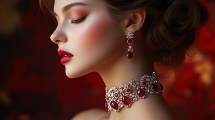Woman wearing luxurious ruby and diamond jewelry