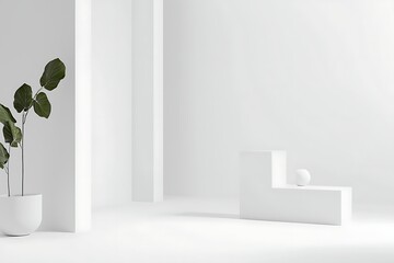 Minimalist white interior with plant and geometric shapes for product display mockup