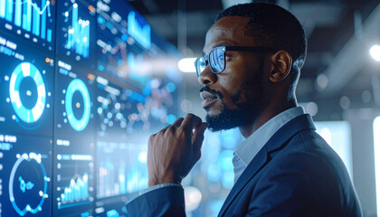 Analyst in Data Center: A focused analyst, absorbed in the complex digital display, examining data points and graphs within a high-tech data center.