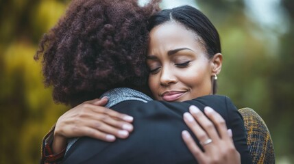 Women hugging outdoors