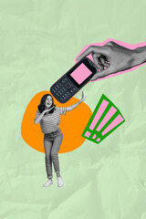 Vertical 3d art pop image collage of happy girl guy stand hand hold retro mobile telephone...