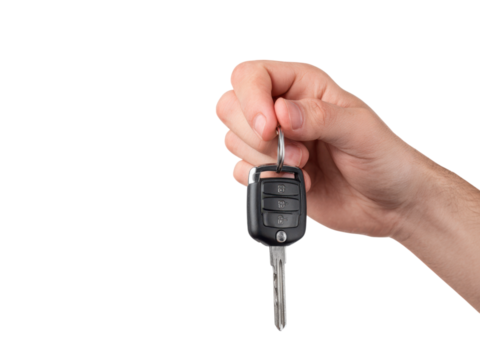 Human hand holding black car key with metal blade remote, Isolated, Transparent Png