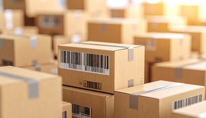 Shipping Boxes: A photorealistic display showcases a sea of cardboard boxes, each adorned with barcode labels.