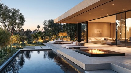 Fototapeta premium Modern house exterior with pool and patio area at dusk