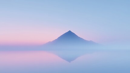Serene mountain peak reflected in calm water at dawn, surrounded by soft pastel colors, creating a tranquil and peaceful atmosphere in nature's beauty