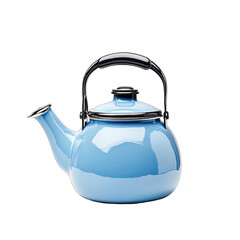 A light blue enamel-coated kettle with a black handle and lid, rounded body, and a slightly curved spout