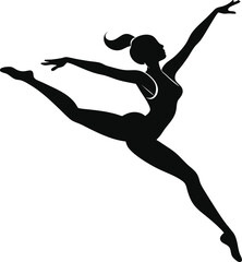 Black vector silhouette of a woman ballet dancer jumping gracefully, embodying sport and art