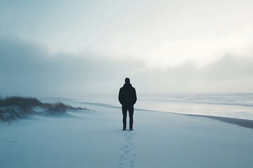 Solitude on a Misty Beach Silhouette Person Standing Alone in Tranquil Winter Landscape