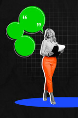 Composite zine poster trend collage of happy old woman stand hold clipboard paper sheet bubble...