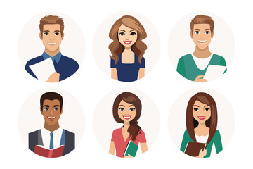 Obraz premium Diverse Portrait Collection: A compilation of illustrated avatars, representing a spectrum of individuals from various backgrounds, each distinct with unique attire, and features.
