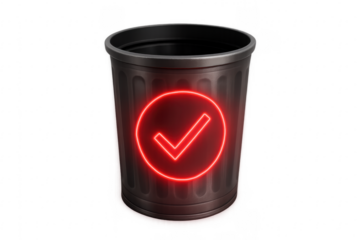 Metal trash can showing red neon check mark on transparent background