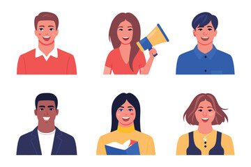 Diverse Faces: A colorful illustration showcases a diverse group of people, each exuding individual expressions and characteristics, representing a spectrum of backgrounds and personalities.