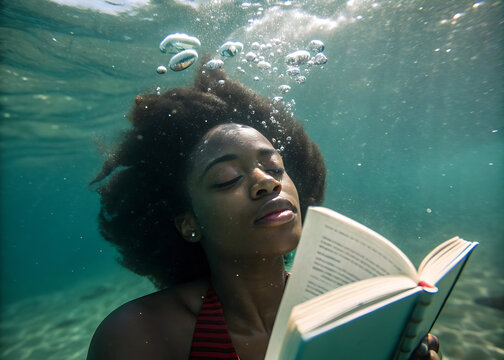 African american woman reading a book underwater in a serene and tranquil ocean setting - Powered by Adobe