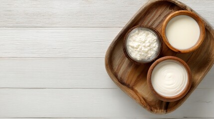 Healthy Dairy Flat Lay With Wooden Tray and Copy Space &ndash; Bowls of Milk and Yogurt on White Background