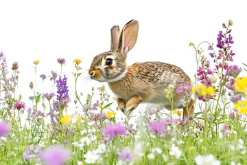 Rabbit leaping through a vibrant wildflower meadow in spring, wildlife, nature photography