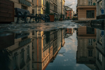 Charming old European street with benches and buildings reflected in a puddle after rain. Soft morning light enhances the textures and peaceful mood of the quiet cobblestone alley