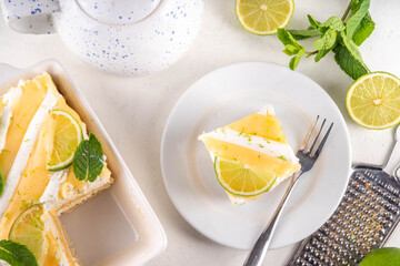 Summer mojito tiramisu dessert, Lime and mint sweet sour taste version of summer tiramisu cake with fresh citrus curd, mascarpone and savoyardi