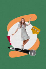Trend collage of person stand dance microphone with textbox exclamation mark on green background