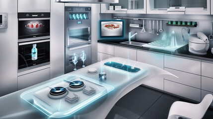 A luxurious kitchen equipped with the latest technology, including smart appliances, touch-screen controls, automatic drawers, and advanced cooking systems for a modern lifestyle.

