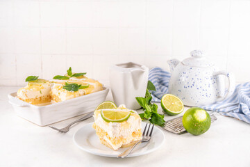 Summer mojito tiramisu dessert, Lime and mint sweet sour taste version of summer tiramisu cake with fresh citrus curd, mascarpone and savoyardi