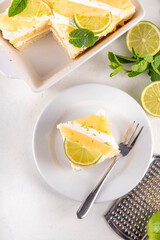 Summer mojito tiramisu dessert, Lime and mint sweet sour taste version of summer tiramisu cake with fresh citrus curd, mascarpone and savoyardi