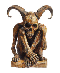 A vintage Victorian-style statue of a demon skeleton sitting with knees hugged to chest isolated