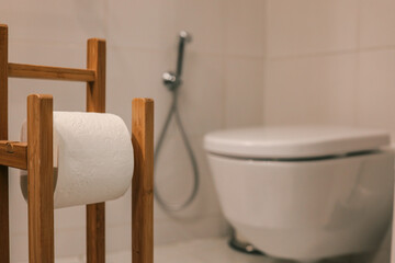 Close-up of a wooden toilet paper holder with white toilet paper roll, modern bathroom in soft...