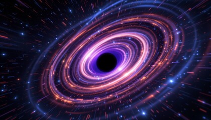 Obraz premium Swirling vortex of purple and orange light trails with glowing particles approaching a central black void