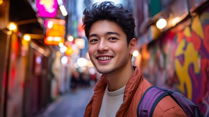 Obraz premium smiling young handsome Asian man at city street with neon bokeh light as background, fun cheerful atmosphere 