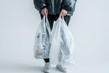 Person carrying plastic shopping bags filled with household items against white background