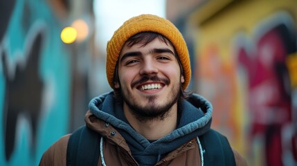 Fototapeta premium smiling young Caucasian man at city street with neon bokeh light as background, fun cheerful atmosphere 