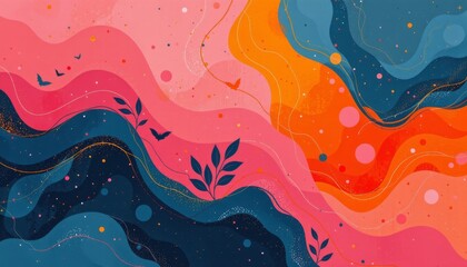 Abstract wavy landscape with stylized flora and flying silhouettes against a textured gradient background