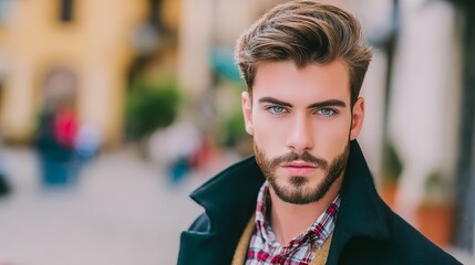 retro vintage dramatic light portrait, young Caucasian man at city street, normal life atmosphere	
