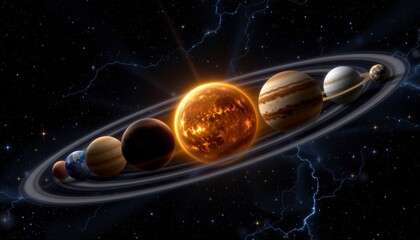 A vibrant depiction of the solar system's planets orbiting a glowing sun amidst a star filled cosmos