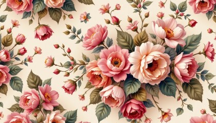 Delicate pink and peach roses and buds with green leaves on a cream background