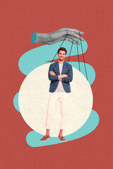 Collage banner of person stand under hand control with strings over color background