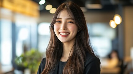 Obraz premium smiling young Asian woman wearing business attire at modern office 