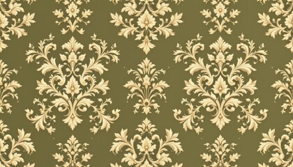 Elegant damask wallpaper pattern with ornate floral motifs on a muted green background