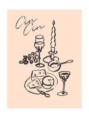 Dinner party, line art illustration, poster templates,  hand drawn vector design elements