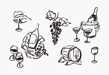 Wine picnic line art design elements, hand drawn vector illustrations