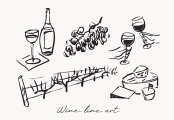 Wine and vineyard hand drawn design elements,  line art vector illustrations