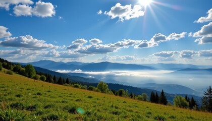 Green grassy meadow slopes leading to misty blue mountain layers under a bright sunlit sky with scattered clouds