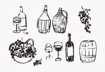 Wine making hand drawn elements,  line art vector illustrations