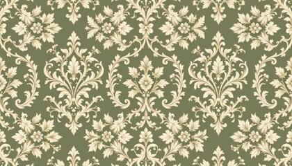 Intricate damask pattern with cream floral and leaf motifs on a muted green background